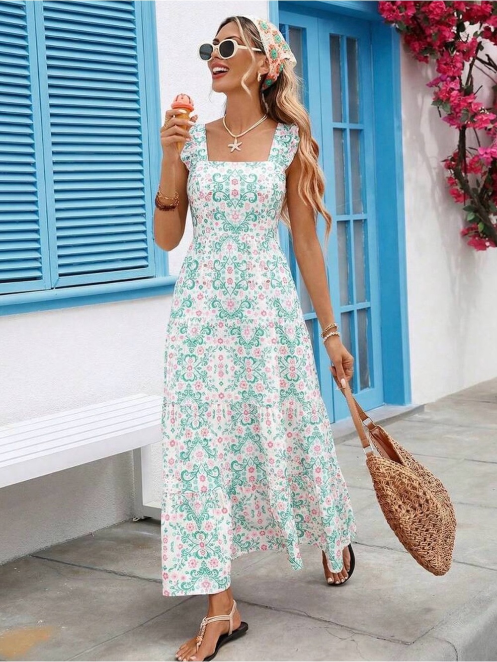 SHEIN White Maxi Dress with Mint & Pink Floral Print